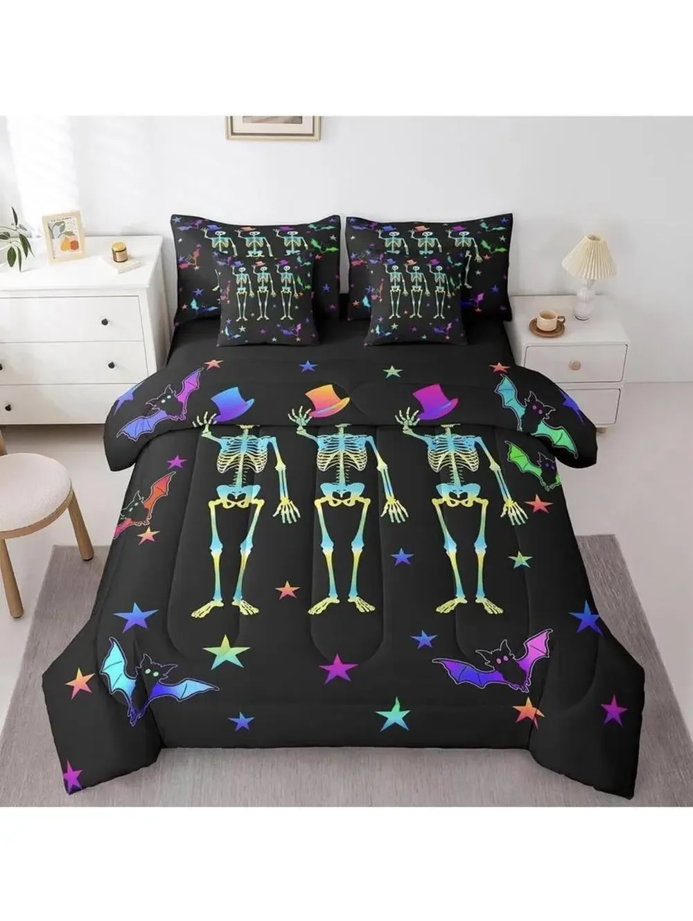 Erosebridal Sugar Skull Queen Size Comforter Horror Theme Sheet Set - Brand New
